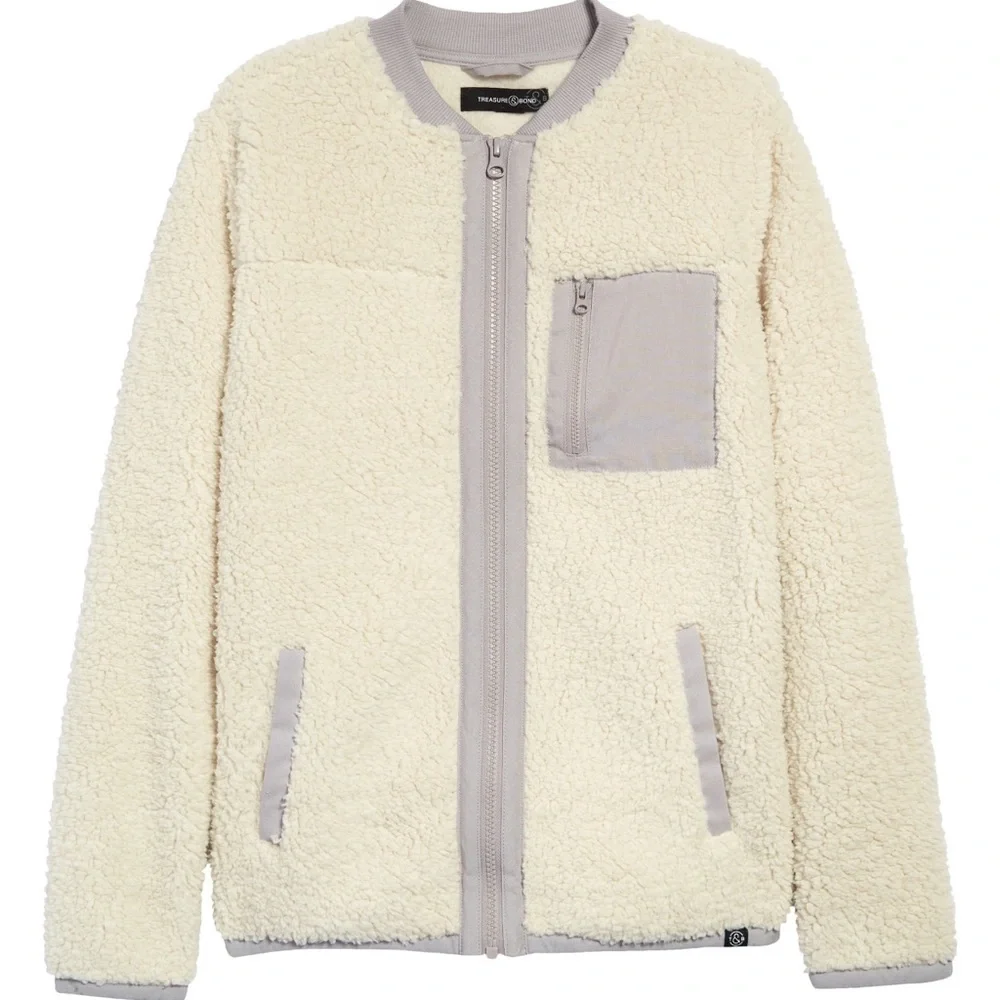 NEW Treasure & Bond Boys Fleece Baseball Style Jacket In Ivory Shadow Size XXL